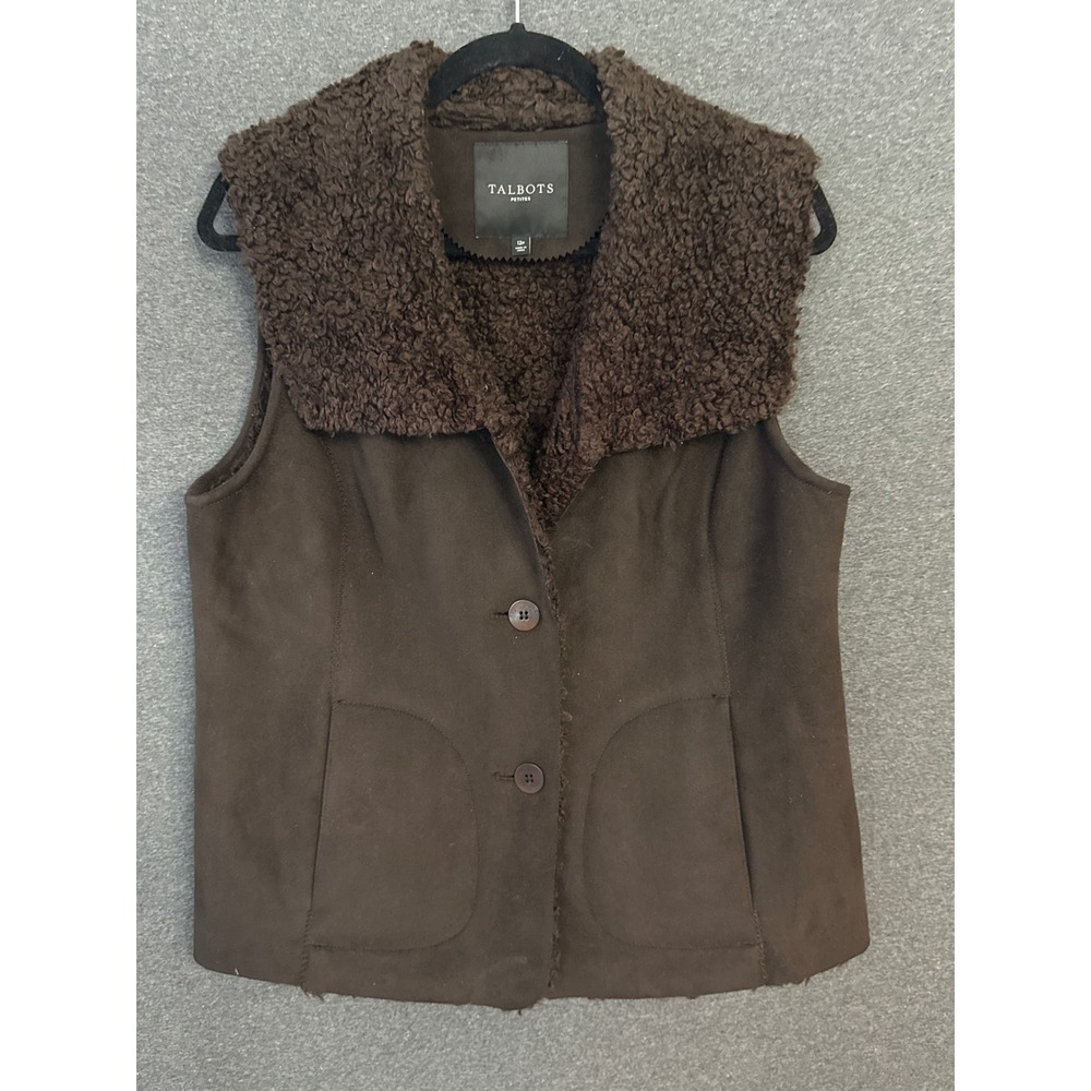 Talbots Petites Brown Faux Suede Sherpa Lined Vest Size 12P Button Front Pocket